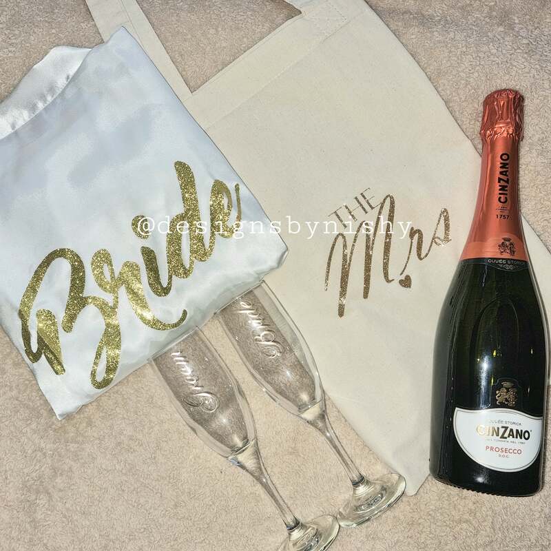 Reusable Canvas Tote Bag - "The Mrs" (customization available)
Customized Champagne Flutes